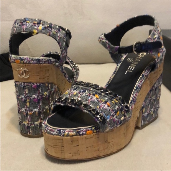 Chanel Chain Blue Grey Tweed Cork Wedges 40 10 - excellent condition - Picture 4 of 5